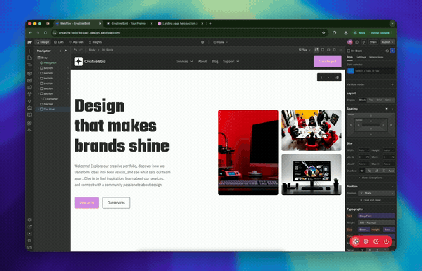AI Designer generating a layout inside Webflow