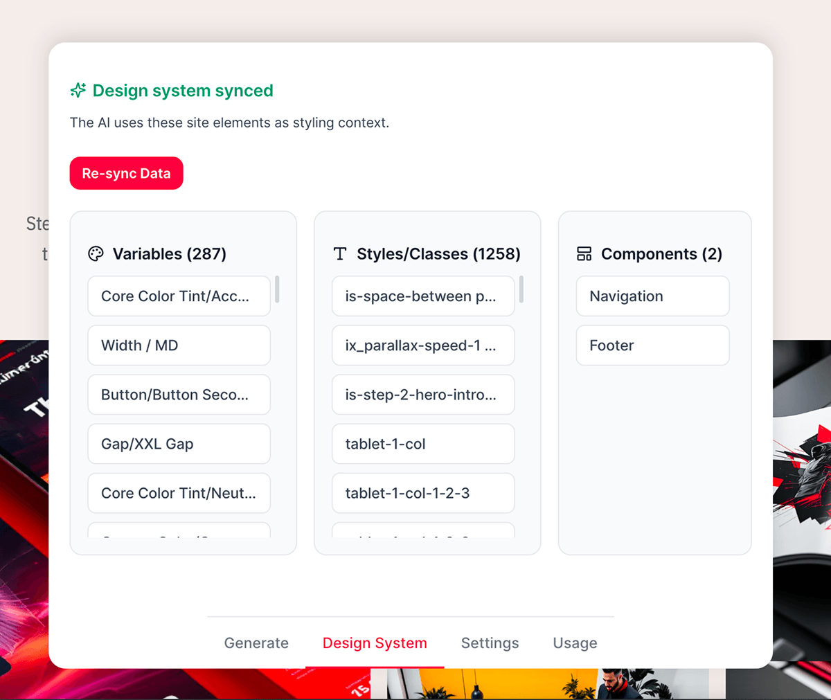 Cloneflow reading your design system — classes, fonts, and variables