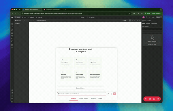 Cloneflow converting a design screenshot into Webflow markup